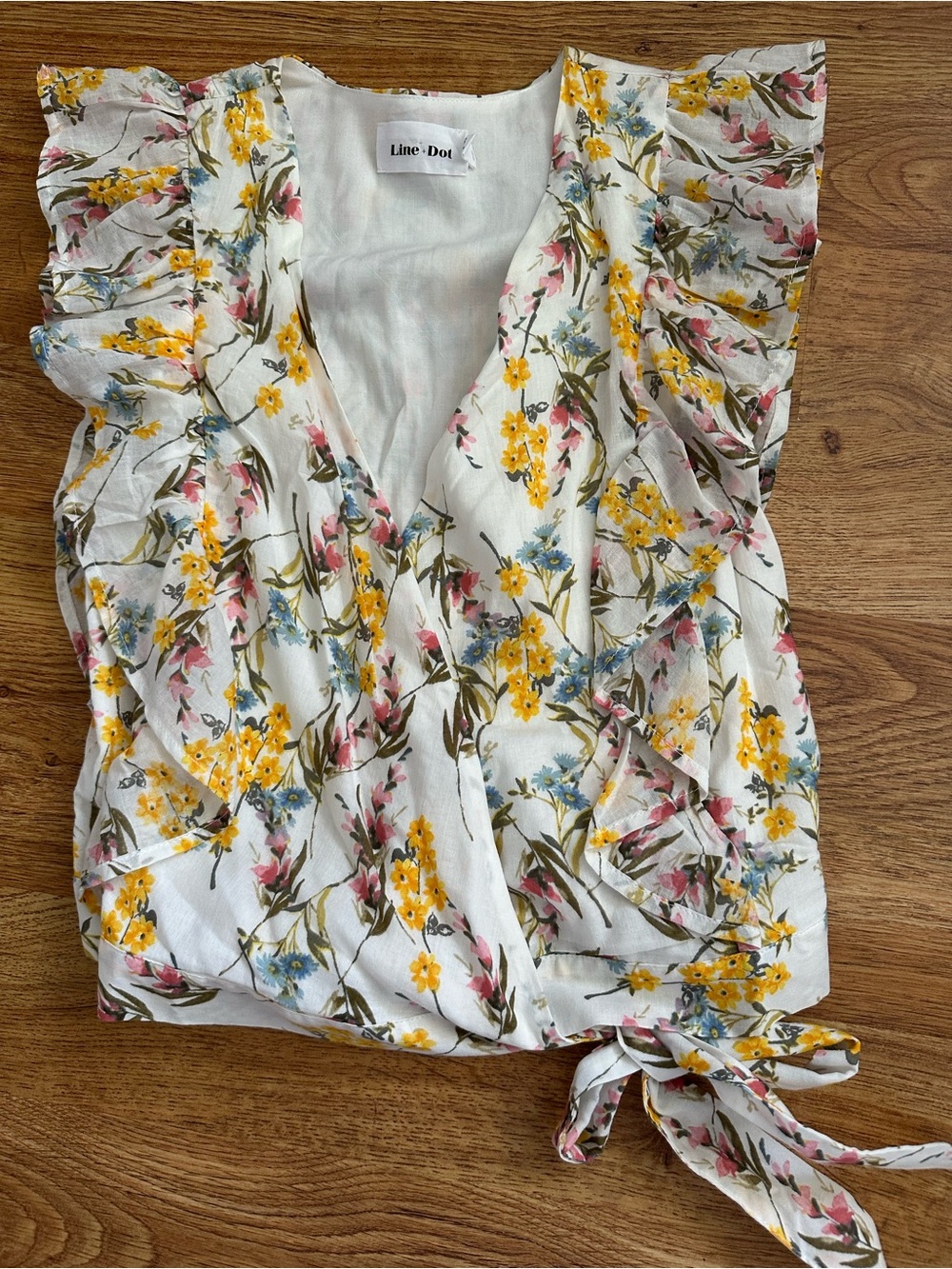 Line + Dot White Yellow Pink Floral Wrap Top S